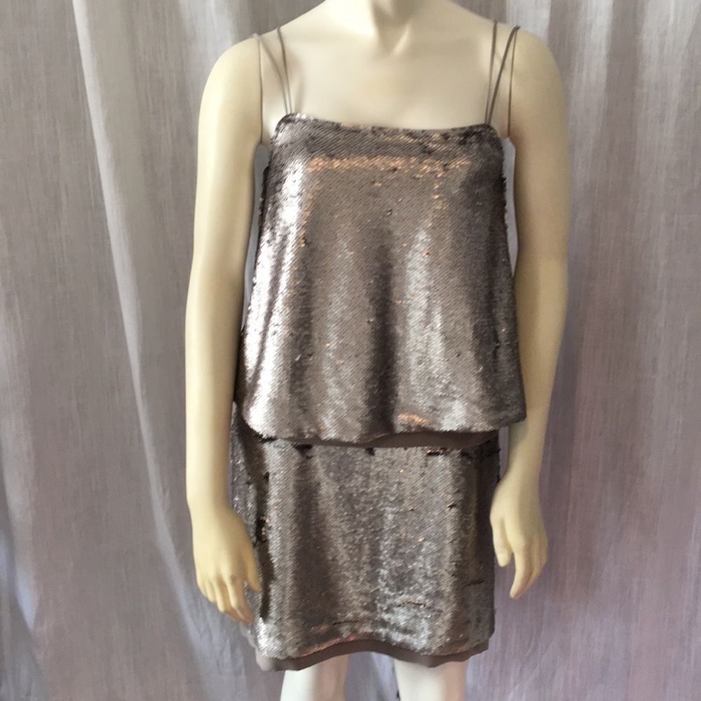 NWT pewter sequined silk trimmed cocktail dress